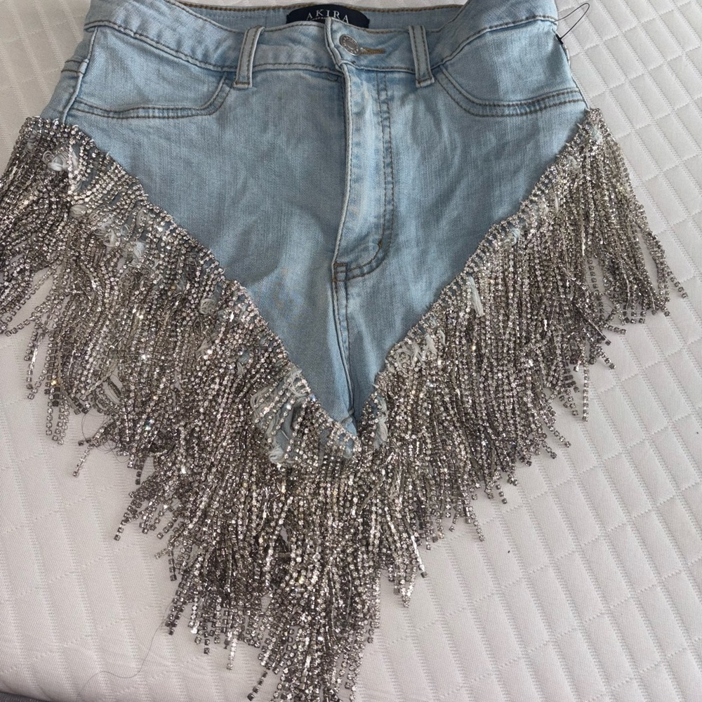 AKIRA Light Blue Jean Shorts with Silver Rhinestone Fringe